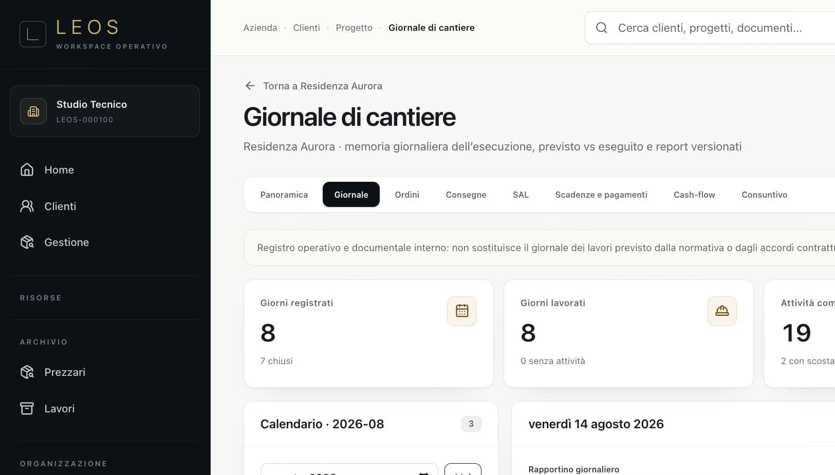 Giornale di cantiere reale di LEOS con calendario, rapportino, meteo e presenze
